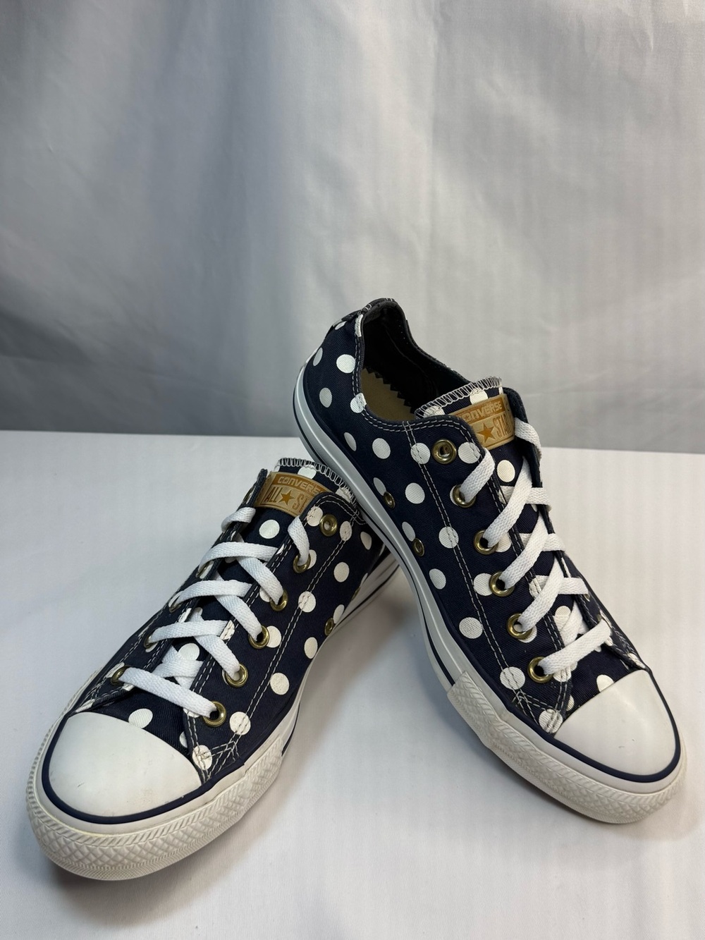 Converse Chuck Taylor All Star Low Top Navy Polka Dot Gold Eyelet Women 9 EUC